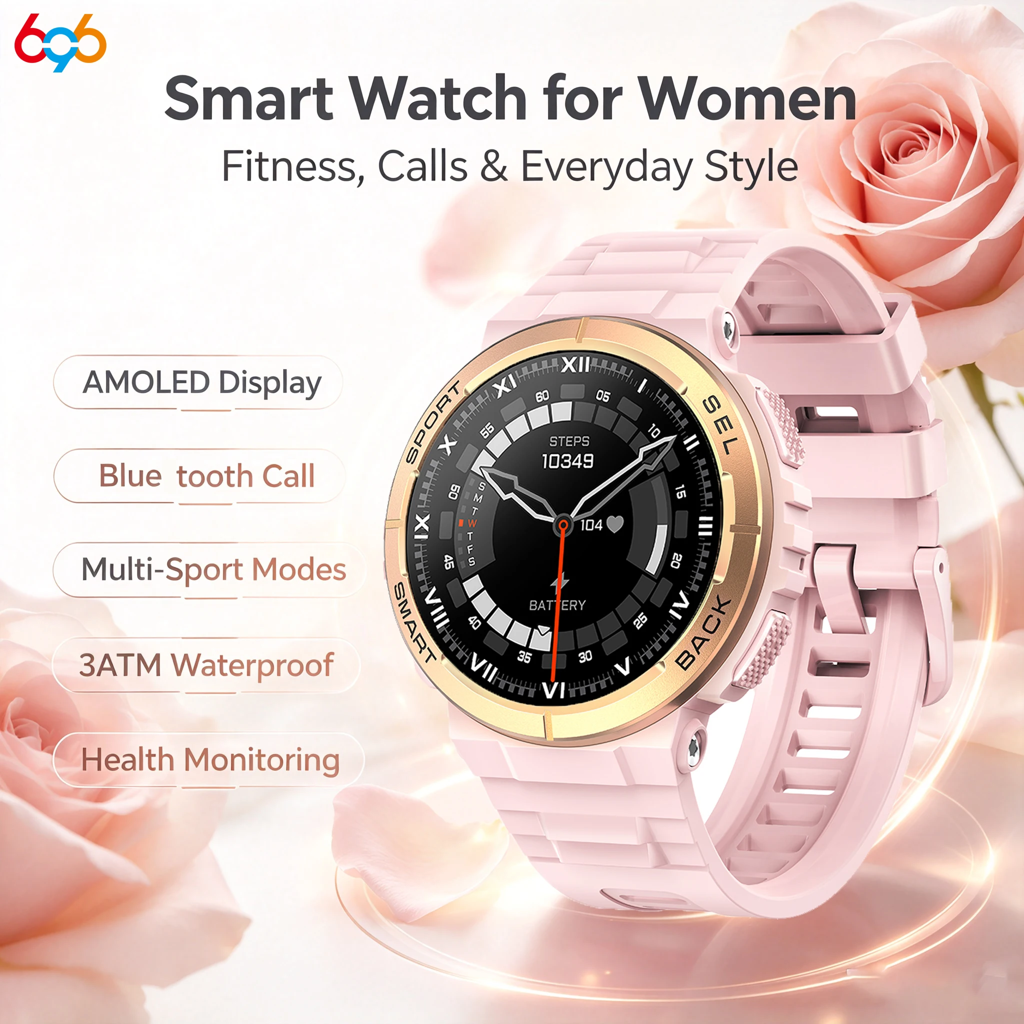Montre connectée pour femmes, sport et fitness en plein air, écran AMOLED 1,32", appels Bluetooth, étanche 3ATM, surveillance de la fréquence cardiaque et de la santé.