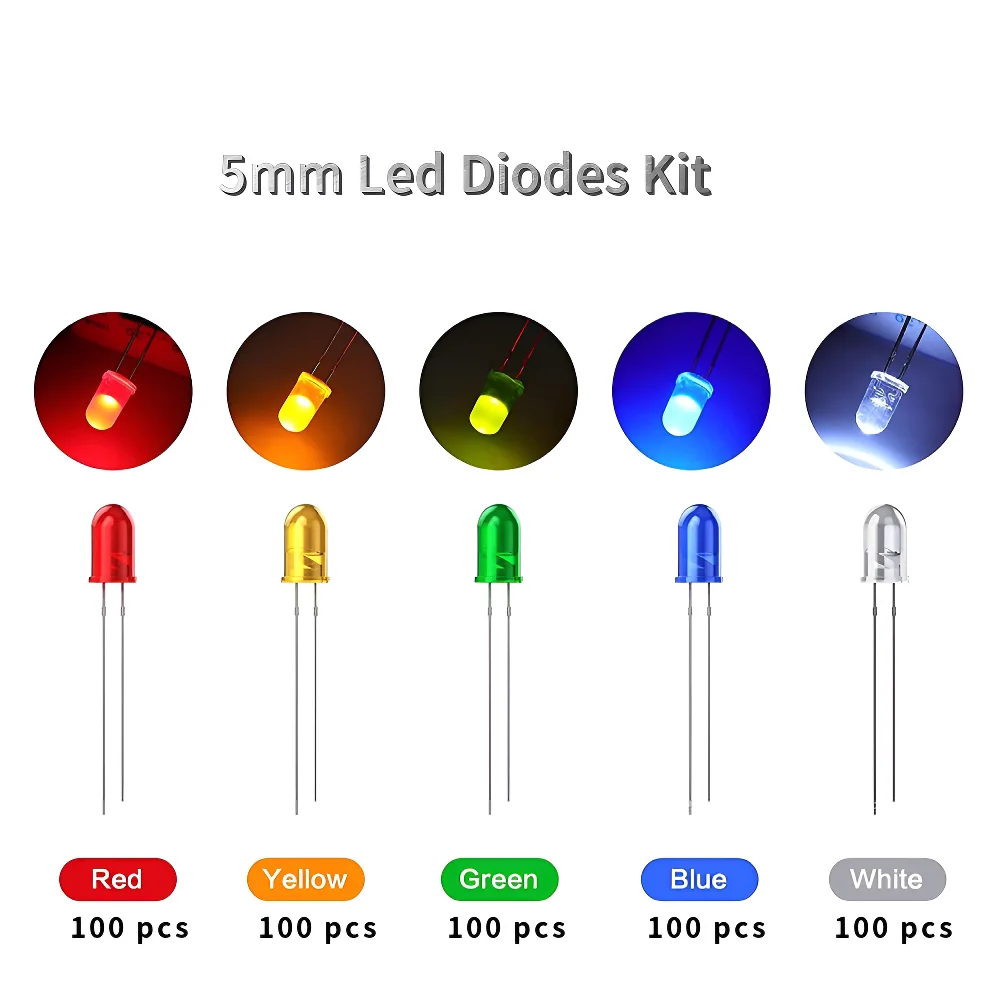 5 Colors 500 pcs 5mm LED Diode Lights Assored Kit Pack Bright Lighting Bulb Lamps Electronics Components 5 mm Light Emitting Dio
