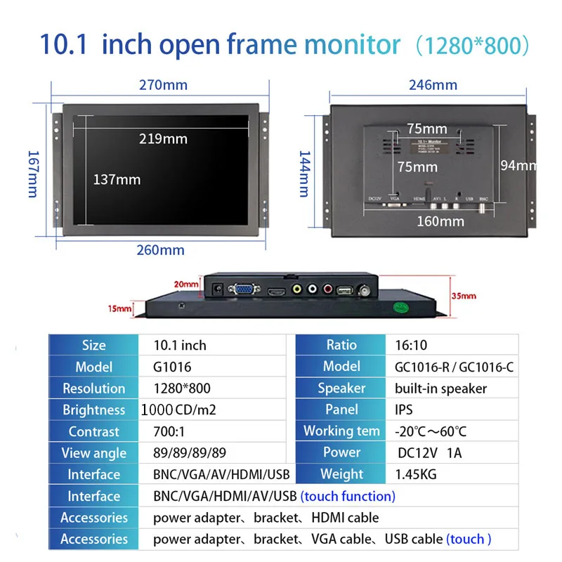 Outdoor HD 10.1 Inch 1280*800 Touch Screen Monitor IPS High Brightness 1000Nits Wall Mount LED LCD Display HDMI VGA Industrial