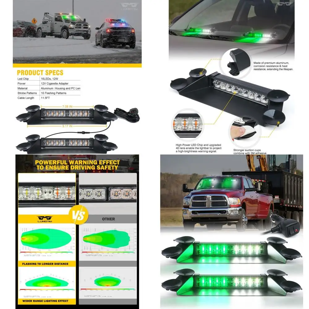 

Aluminum Emergency Dash Strobe Lights - White & Green Front Windshield Visor for Construction & Work Vehicles