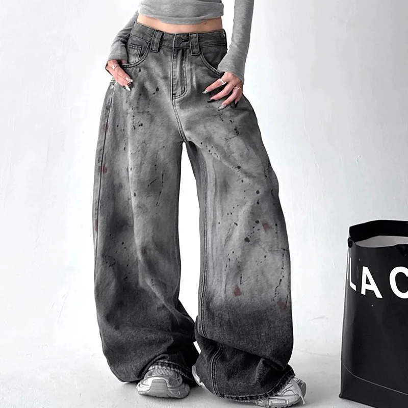 American Vintage Graffiti Jeans Women Street Gothic Splatter Denim Pants Casual Loose Lazy Hiphop Wide Leg Pants Harajuku Y2K