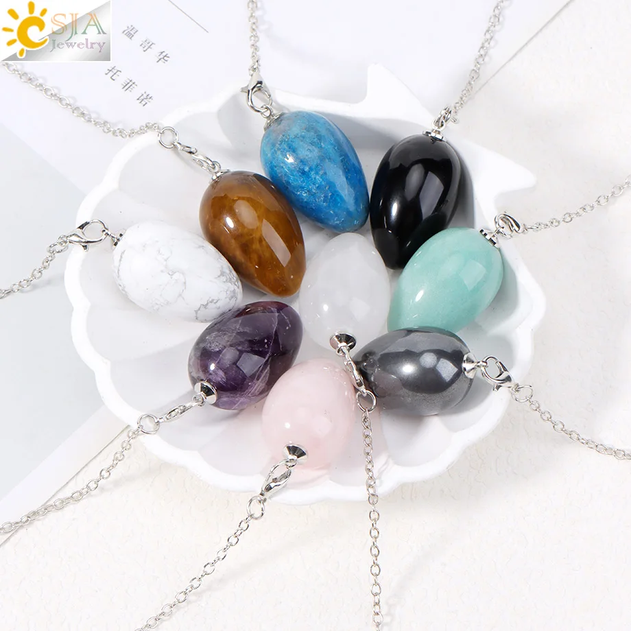 Colgantes de cristal CSJA para adivinación radiestesia, colgante con forma de huevo de piedra Natural, péndulo de radiestesia Esoteries S973