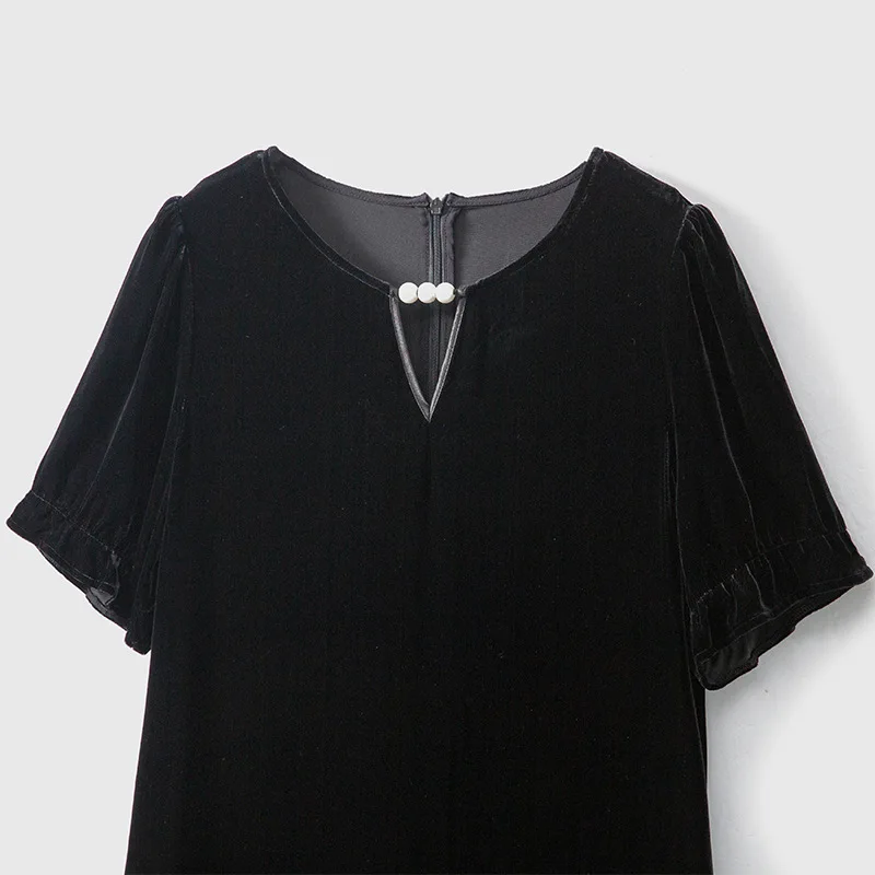 High Quality Straight Silk Velvet Black Dress Women's Loose Fit H Early Autumn