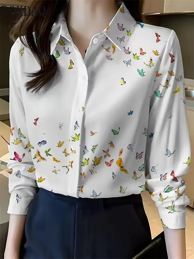 2025 Spring Autumn Ladies Long-Sleeve Shirt Fashion Elegant Butterfly Print Pattern Tops Casual Button Down Loose Women's Blouse