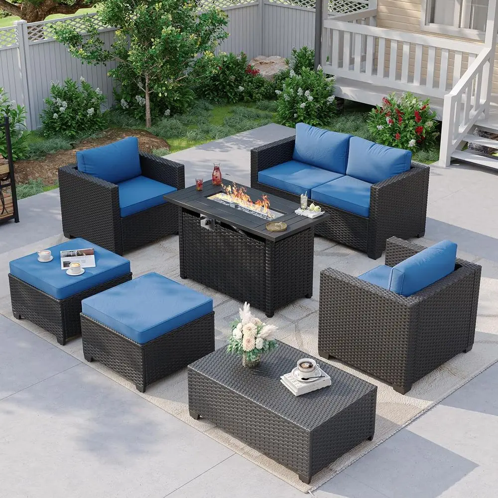 

6-Piece Outdoor Patio Furniture Set with Fire Pit Table, Wicker Ottomans, and Navy Blue Waterproof Cover