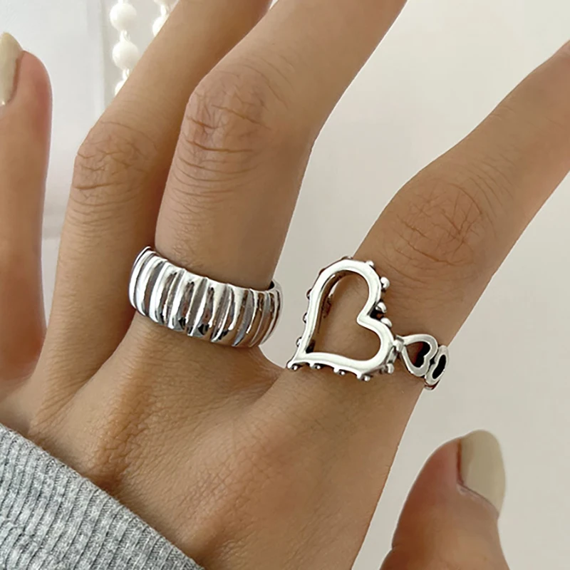 Foxanry Minimalist Silver Color LOVE Heart Rings for Women New Fashion Creative Design Hollow Geometric Handmade Party Jewelry