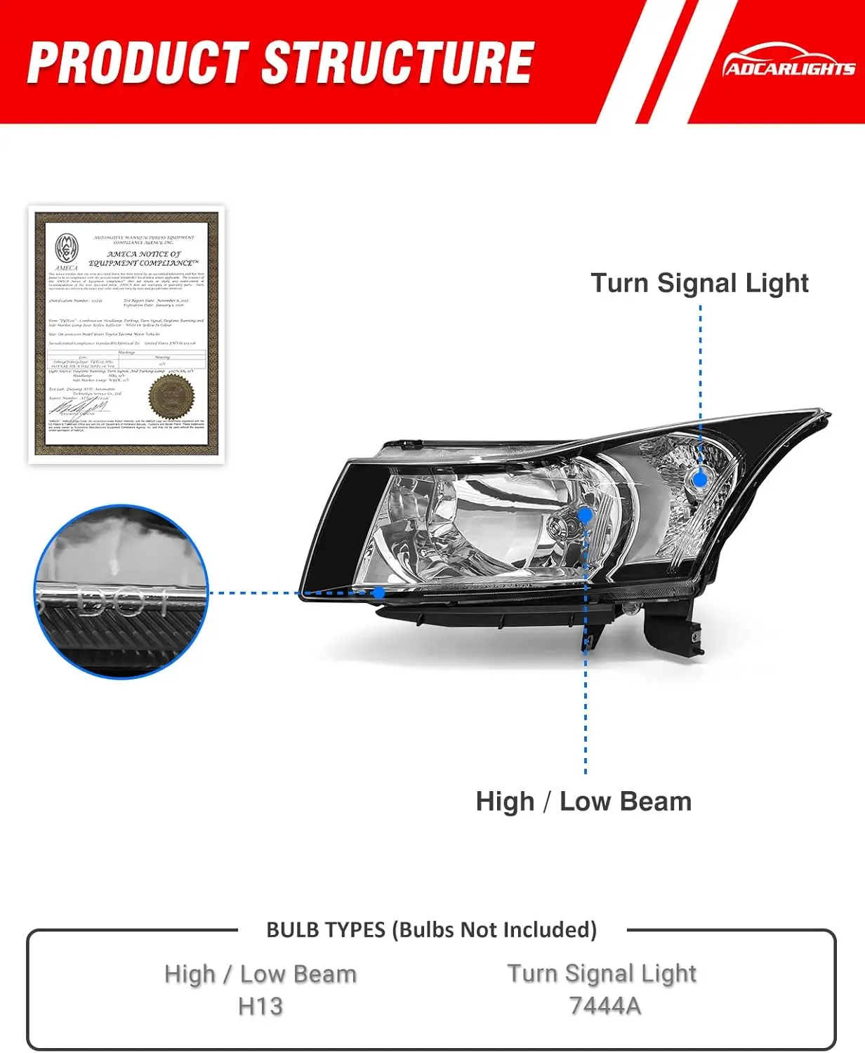 Black Housing Headlight Assembly Pair for 2011-2015 Chevrolet Cruze LS/LT/LTZ & 2016 Cruze Limited - Matte Clear Lens Headlamp R