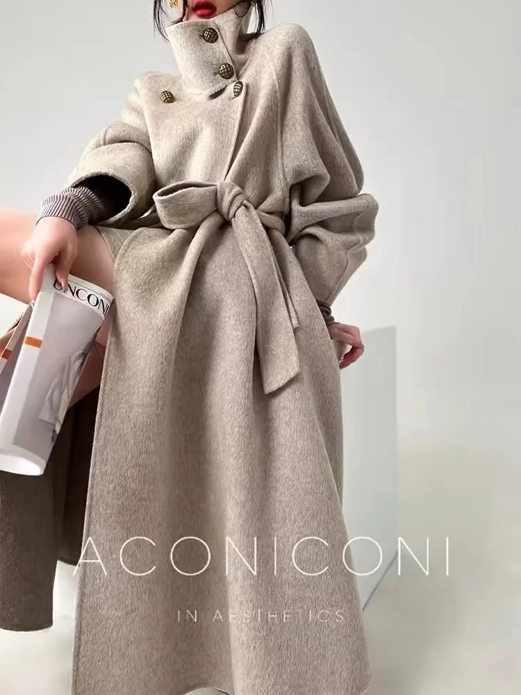 Aconiconi | Island Bay Woolen Long Blue Temperament Classic Cloak Winter Double Sided Knitted Coat