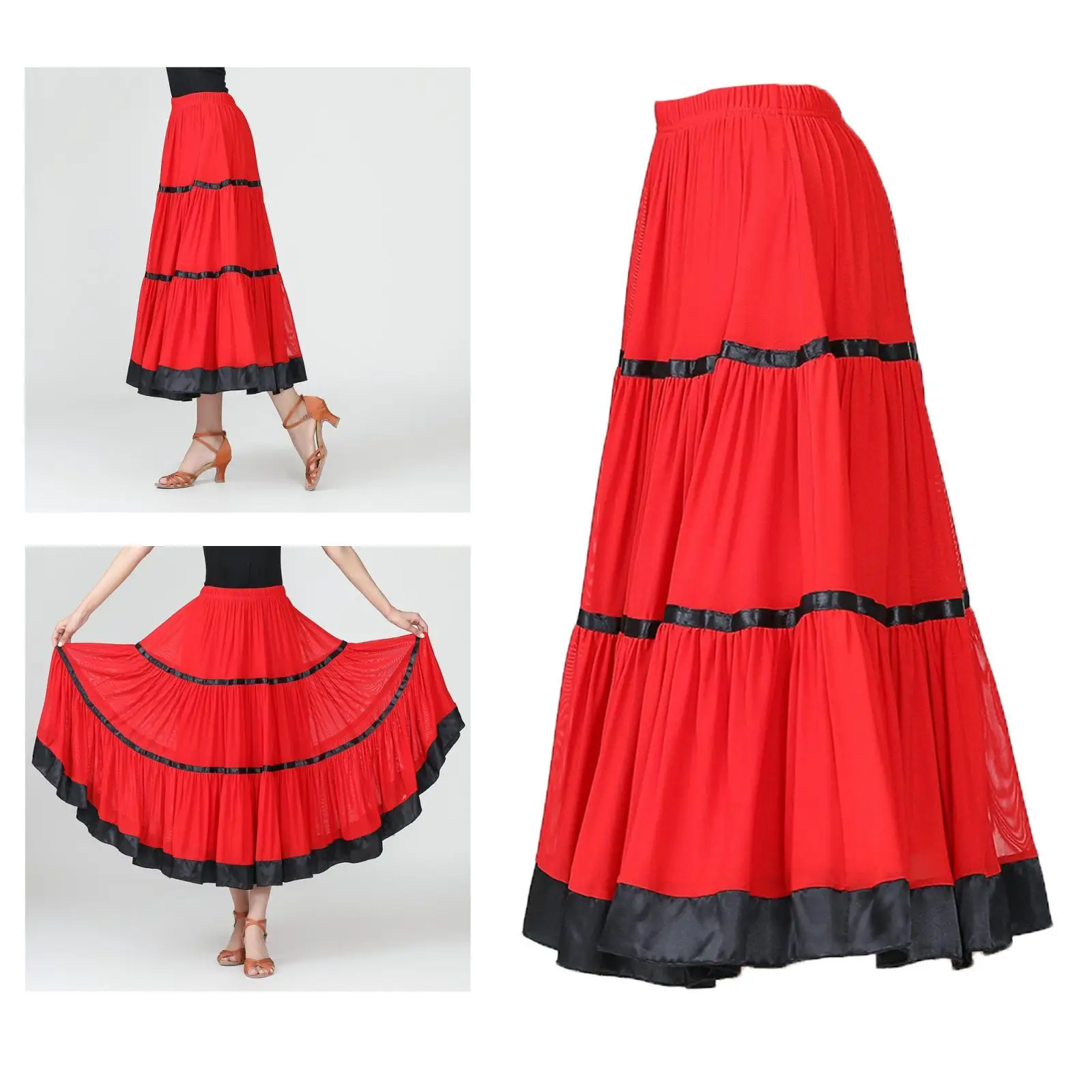Saia de salão de flamenco valsa balanço vestido traje de dança moderna vermelho