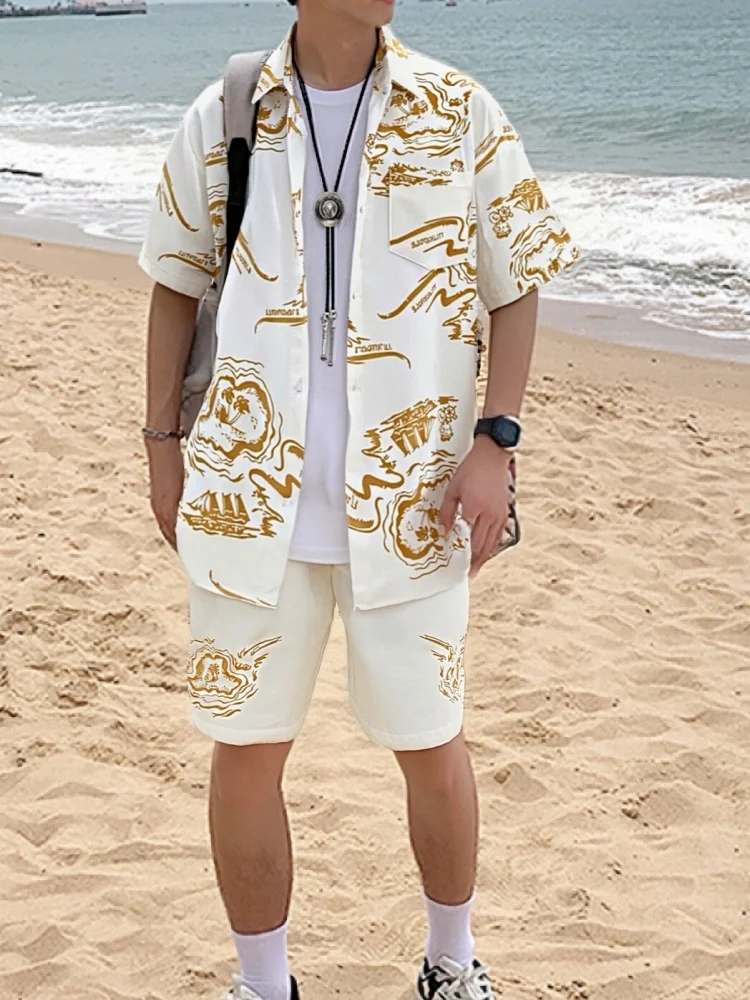 

Летние гавайские пляжные спортивные костюмы с цветочным принтом 2026, модная рубашка унисекс с короткими рукавами, шорты на шнурке, комплекты мужских спортивных костюмов из 2 предметов