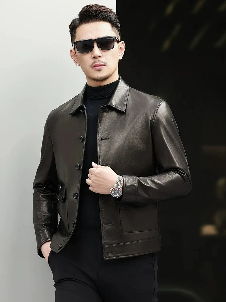 AYUNSUE Real Goatskin Leather Coats for Man High Quality 100% Genuine Leather Jacket Men Clothing Short Lapel Autumn jaquetas