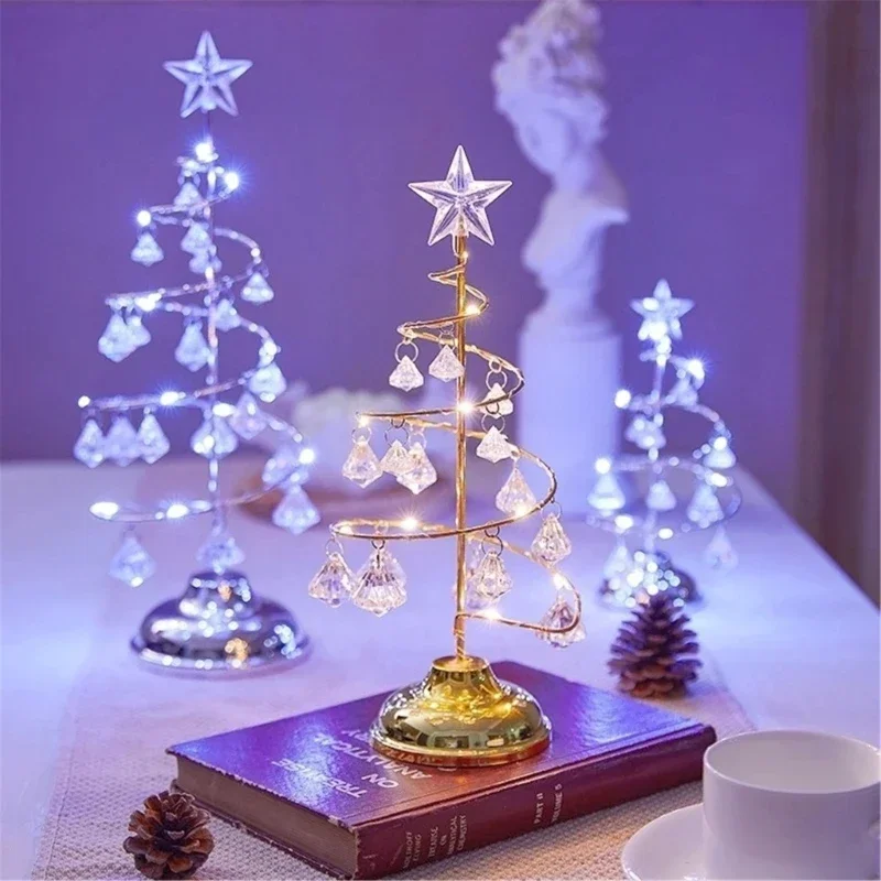 LED Christmas Tree Table Lamp Battery Power Modern Crystal Desk Decor Light Bedroom Living Room Christmas Gift Table Lights