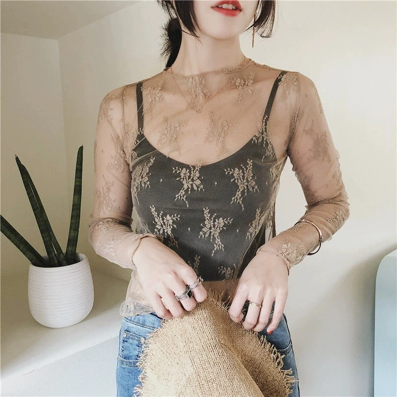 

2025 autumn new thin semi high neck long sleeved slim fit and sexy semi transparent lace base shirt women's top