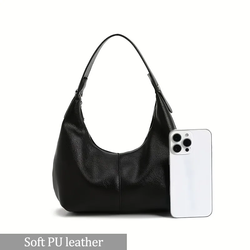Damen Einfache Einfarbige PU-Leder Hobo-Tasche Minimalistische Unterarm-Schultertasche Lässige Große Kapazität Alltags-Handtasche – Detail 6