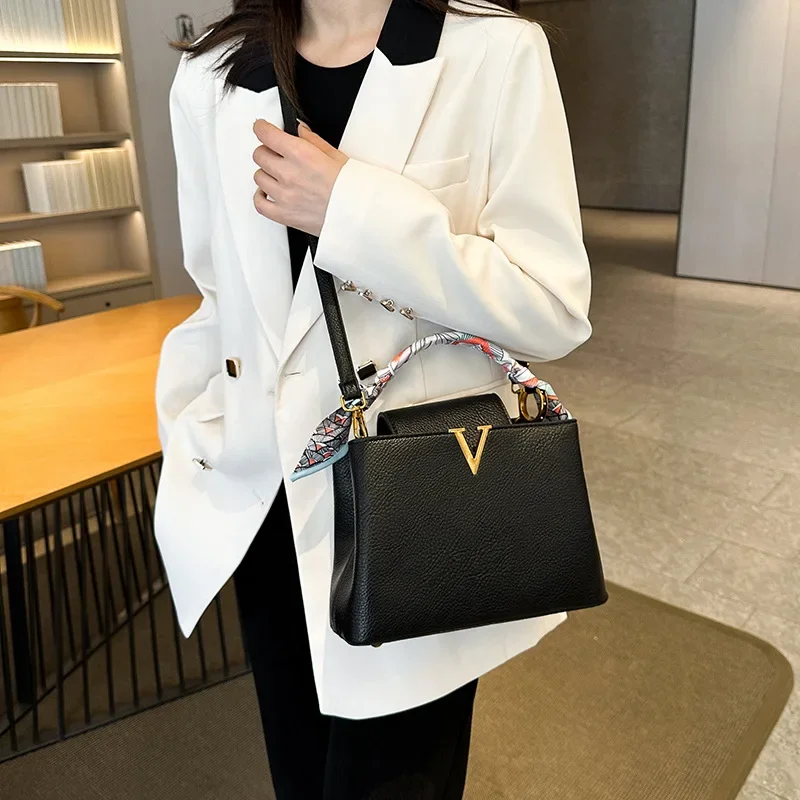 

2026 New Lychee Texture Women's Handbag, Luxury Style with Elegant Silk Scarf, All-Match Shoulder and Crossbody Bag