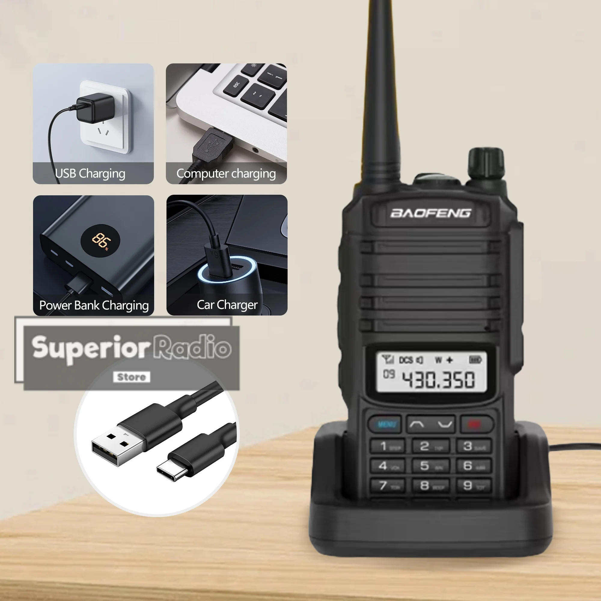 Baofeng BF-1907 جهاز اتصال لاسلكي من النوع C شحن 128 قناة طويلة المدى UHF VHF ثنائي النطاق محمول اتجاهين أجهزة الراديو لحم الخنزير للتخييم #6