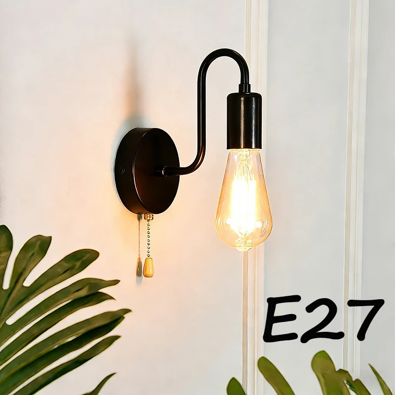 

Винтажный черный настенный светильник с переключателем на цепочке, промышленные проводные настенные светильники E27 Ретро настенный светильник для фермерского дома, спальни, гостиной