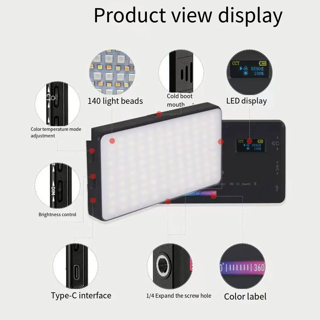 أضواء كاشفة صغيرة W140 لكاميرا GroPro RGB ملونة 3100 مللي أمبير في الساعة ضوء تصوير مع مشهد مختلف تأثيرات خاصة ABS ملء الضوء