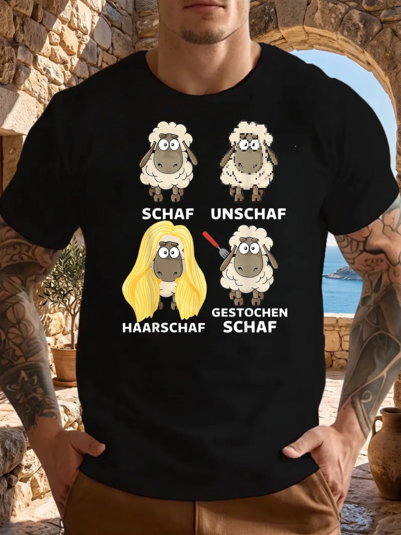 1 Stück 100% Baumwolle Unisex T-Shirt mit vier Cartoon-Schafen und deutschen Textetiketten auf schwarzem T-Shirt, O-Ausschnitt, kurze Ärmel, Print, Übergröße, bequeme Freizeitkleidung,