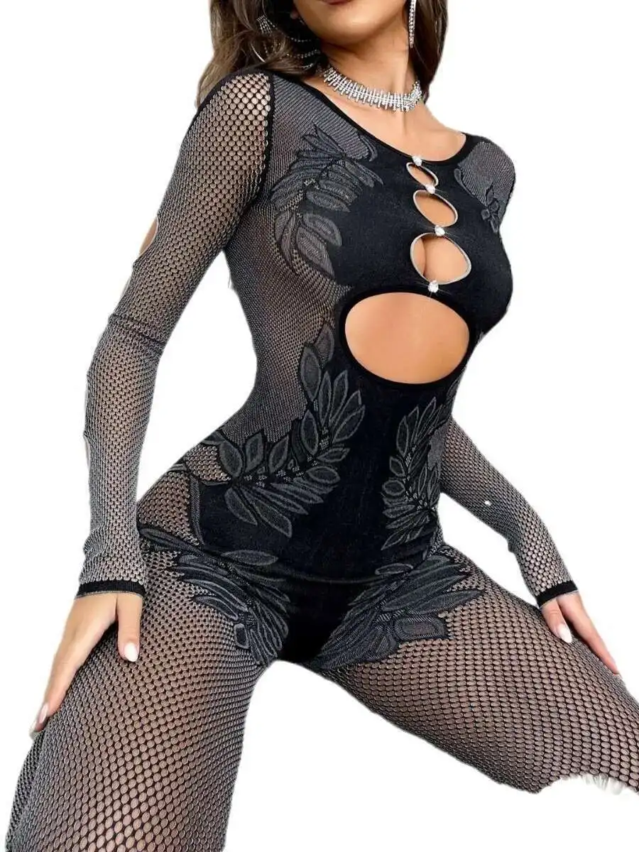 مثير شبه شفافة طويلة الأكمام شبكة بذلة المرأة موضة س الرقبة الجوف خارج عارية الذراعين حفلة كلوبوير موضة بذلة TD5H #5