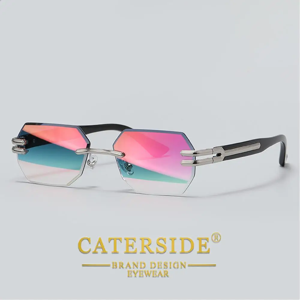 CATERSIDE Neue rahmenlose Sonnenbrille für Herren, modische polygonale Spiegellinsen mit Farbverlauf, Metallrahmen, Damen-Party-Sonnenbrille für den Außenbereich – Detail 12