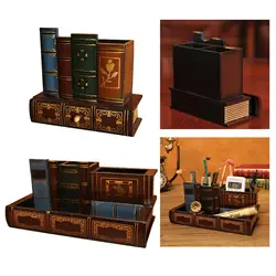 Wooden Pen Holder Book Shaped Multi-Functional Desk Organizer Case Pencils  Storage Box Vintage Classroom Table Home for  Kids