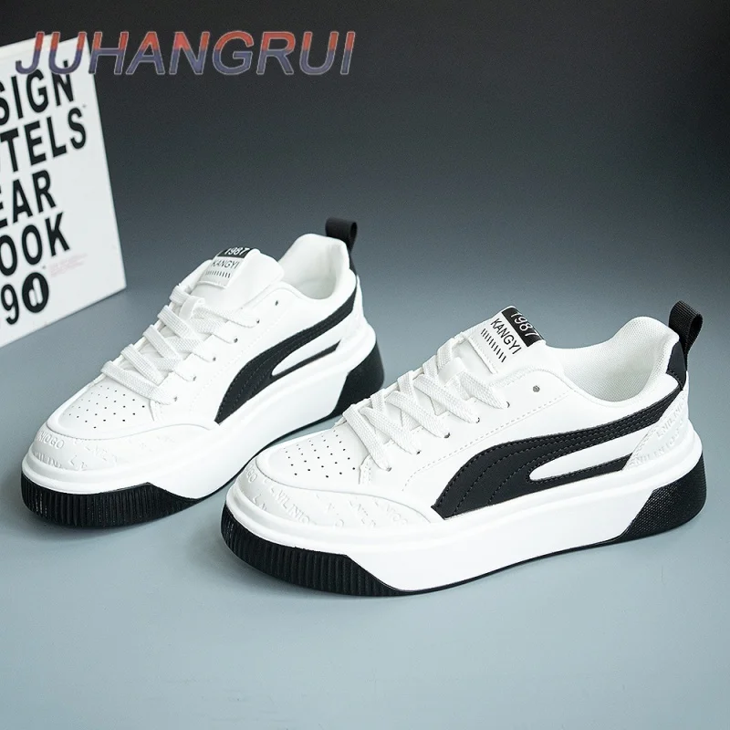 

Men shoes spring and autumn flat-soled casual leather shoes sports shoes black and white men's thick-soled breathable Board Shoe