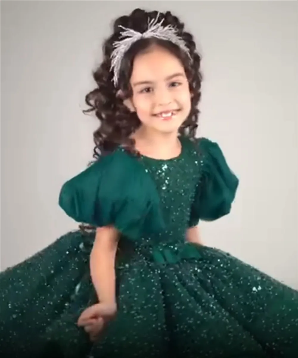 Abito da ragazza di fiore con paillettes verdi per matrimonio con fiocco al ginocchio Abito da festa di compleanno per bambina Abito da prima comunione personalizzato
