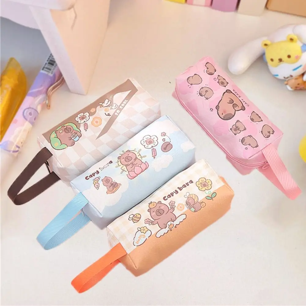 Zipper Capybara Pencile Bag Flower Stripe Capybara Coin Purse Large Capacity Korean Style Cartoon Makeup Lipstick Bag