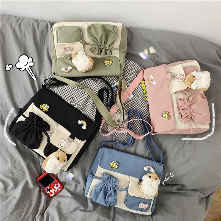 Japanese Style College Style Women's Bag With Drawstring And Contrasting Cartoon Pattern Badge Pendant, One Shoulder Bag Trendy