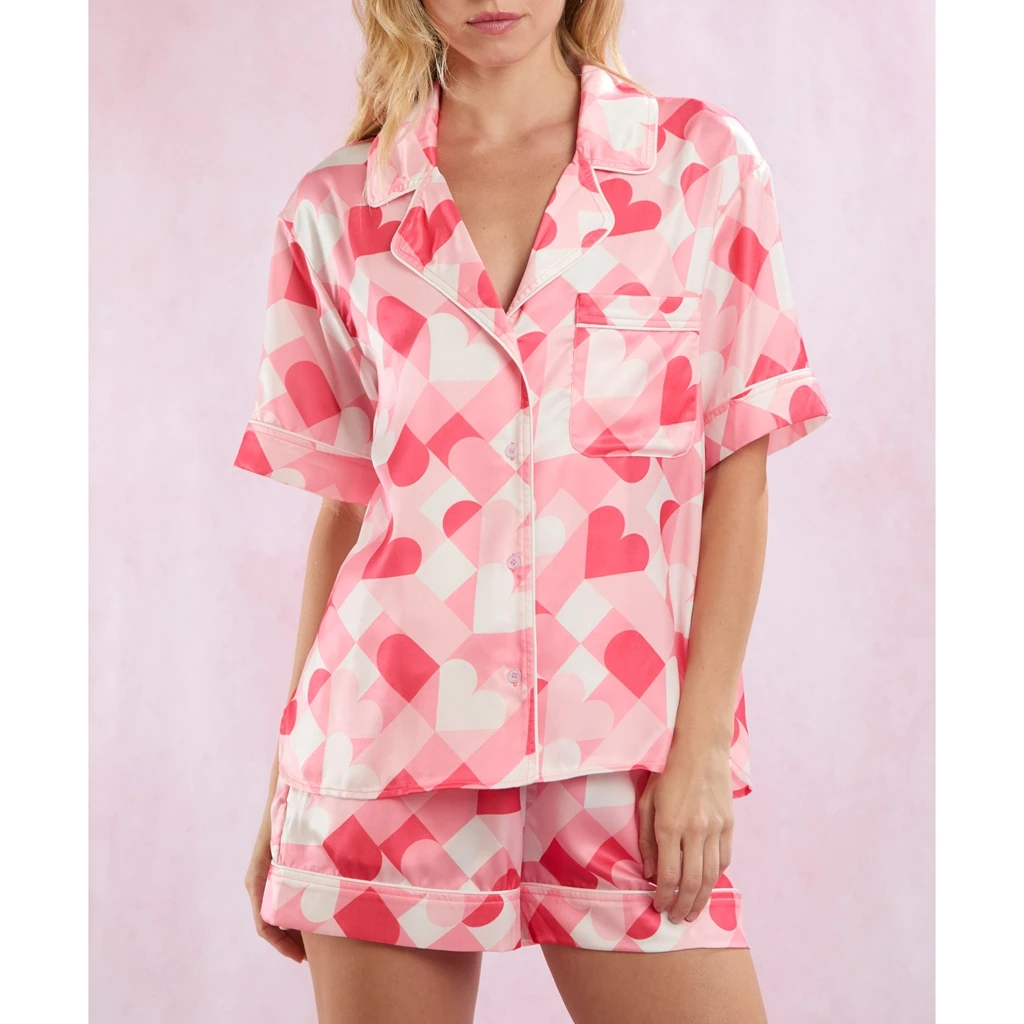 

HEZIOWYUN Women Valentine's Day 2Piece Heart Print Satin Loungewear Pajamas Set Short Sleeve Button-up Tops+Elastic Waist Shorts