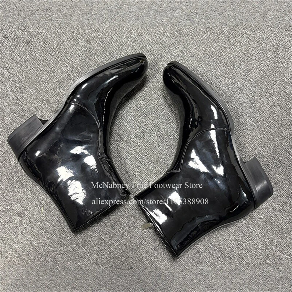 光沢のあるパテントレザーラウンドトゥメンズアンクルブーツサイ - Men Shoes For Wedding のレビューと価格
