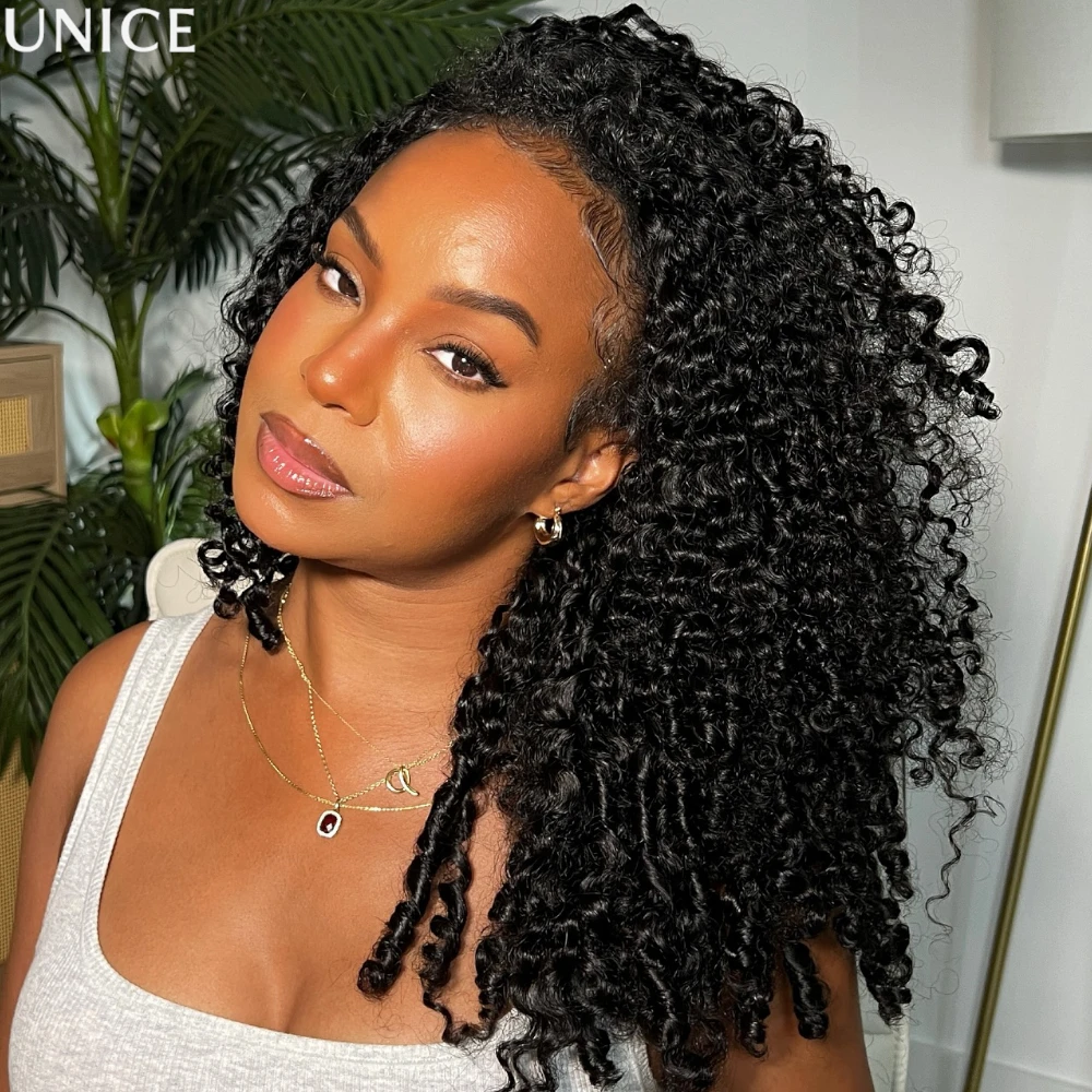 UNice Burmese Curly Half Wig Human Hair With Finger Coil Ends Seemless Hairline Flip Over Half Wig Ready To Wear Machine Made Wig