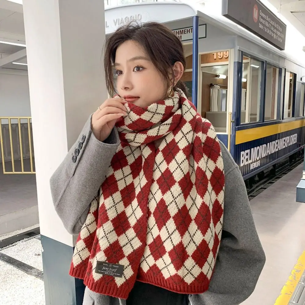 Elegante estilo coreano diamante verificação cachecol engrossado à prova de vento y2k cachecol xadrez longo xadrez inverno caxemira xale unisex