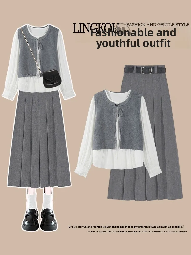 plus Size Autumn Korean Style Shirt Slimming Pleated Skirt Set Women Unique Personality Two Piece Set Long Sleeve round Neck