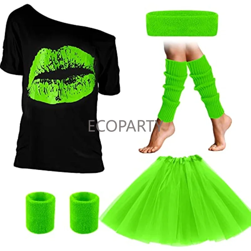 80s Accessories Retro Women Party Costume Set Adult Tutu Skirt Off Shoulder T-shirt Headband Wristband Leg Warmer for Cosplay