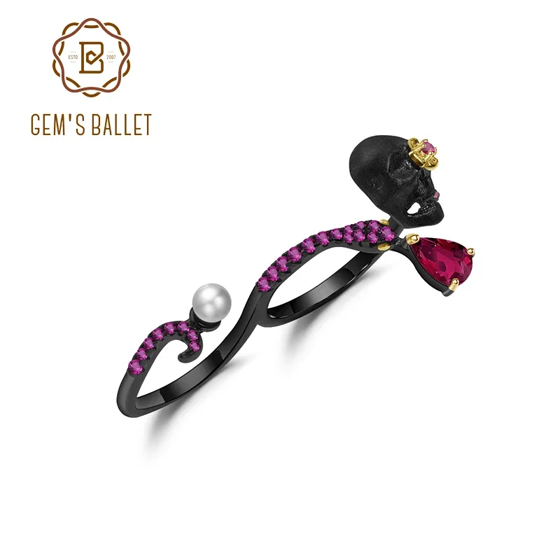 GEM'S BALLET Natural Ruby Gemstone Skull Ring 925 Sterling Silver Adjustable Handmade Double Finger Rings For Women Fine Jewelry