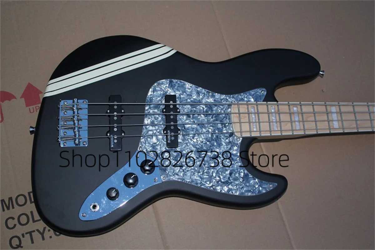 4 Strings Metal Bass Guitar Black body White Stripes Maple Neck Blue Pearl Guard Rosewood Fingerboard  Factory Custom Color