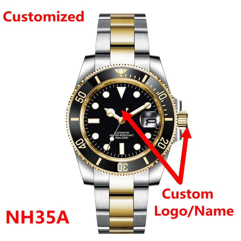 

Custom Logo 40MM Luxury NH35 Automatic Watch Two Tone Gold Sapphire Glass Ceramic Bezel Men Diver Watches Male reloj hombre