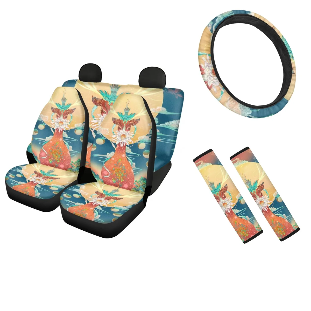 Women Car Front and Back Seat Cover Chinese Style Illustration Animal Elastic Car Seatbelt Shoulder Strap Steering Wheel Covers