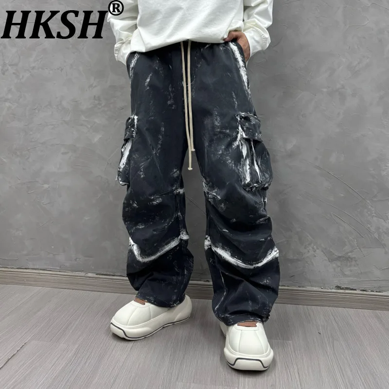 

HKSH Spring New Men Tide Dark Punk Stylish Waste Land Tie-dye Vintage Pants Loose Casual Trend Cool Vibe Unisex Wide-leg HK22098