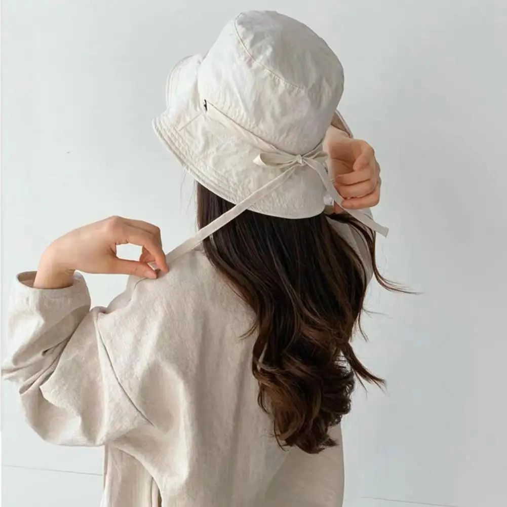 Women Fisherman Hat Windproof Fixed Strap Wide Brim Lady Bucket Hat Solid Color Sunshade Anti-UV Flat Top Foldable Summer Cap