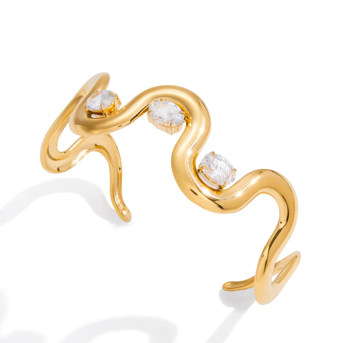 

European American Trendy Steel Wave Open Bracelet with White Zircon 18K Gold Stainless Steel Women Bangle Waterproof Jewelry