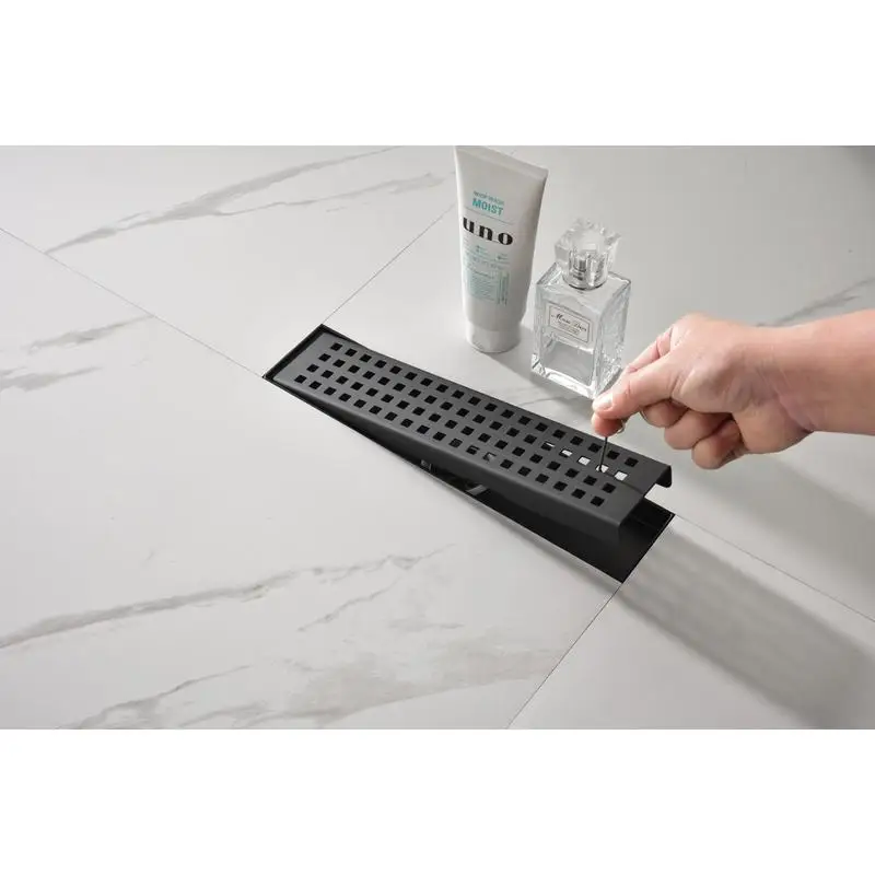 

12 Inch Linear Shower Drain with Removable Quadrato Grate, 304 Stainless Steel Drain with Hair Strainer and Adjustable Feet