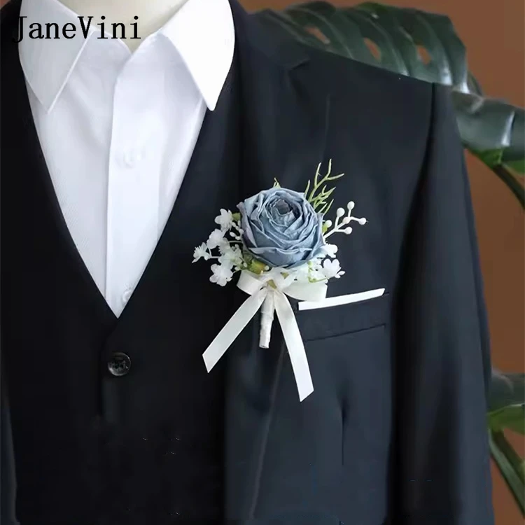 JaneVini White And Dusty Blue Wedding Bouquet Flowers for Bride Artificial Silk Rose Bridal Hand Flower Marriage Accessories