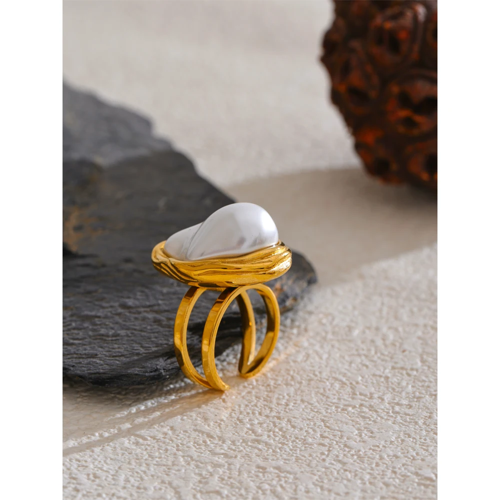 Yhpup Fashion Baroque Simulated Pearls Vintage Open Ring for Women Stainless Steel Golden Charm Finger Jewellery Wholesale