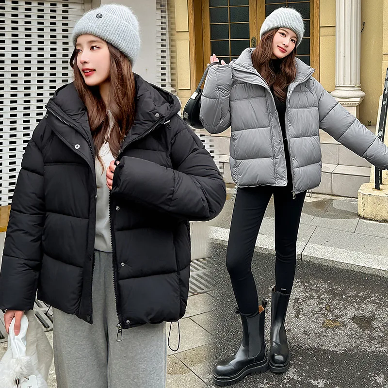 Hooded Parkas Coats Women Solid Short Jacket Pocket Drawstring Zipper Long Sleeve Loose Fit Thick Office Lady Casual 2025 Winter
