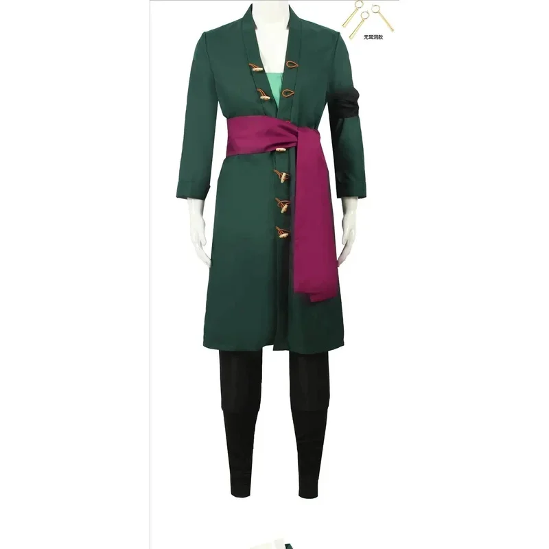 Anime Roronoa Cosplay Costume Uniform Green Coat Belt Pants Head Scarf Roronoa Zoro Wig Halloween Men view 3