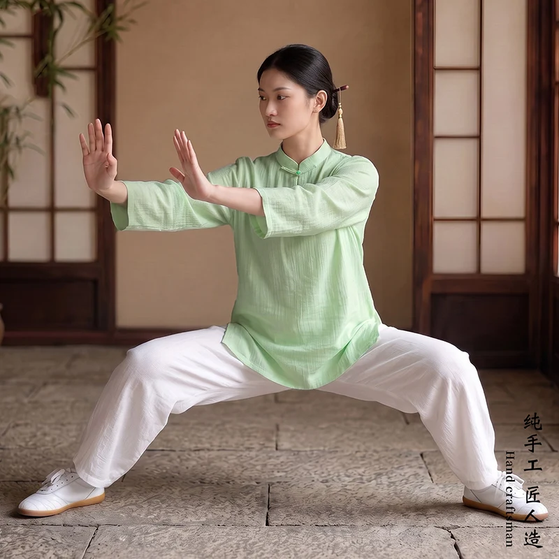 2026 New Gauze Linen Tai Chi Suit Women Zen Meditation Home Practice Casual Flowing Drapey Two Piece Set Kung Fu Spring Autumn