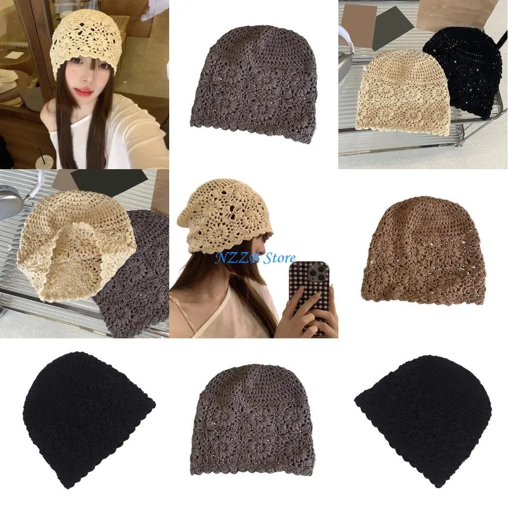 

T21F Popular Hollowout Flower Hat Spring Knitting Hat 2000s Girl Pullover Hat